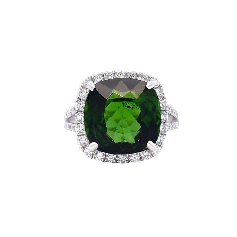 Cushion Cut Green Tourmaline 8.34CT & White Diamond 0.77CT Fashion Ring in 18K White For Sale