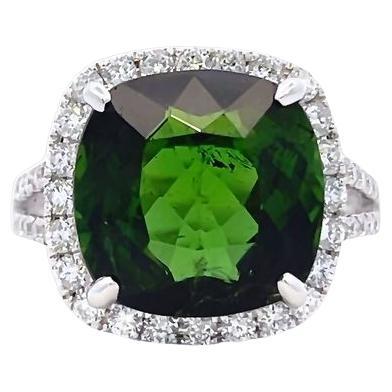 Green Tourmaline 8.34CT & White Diamond 0.77CT Fashion Ring in 18K White For Sale