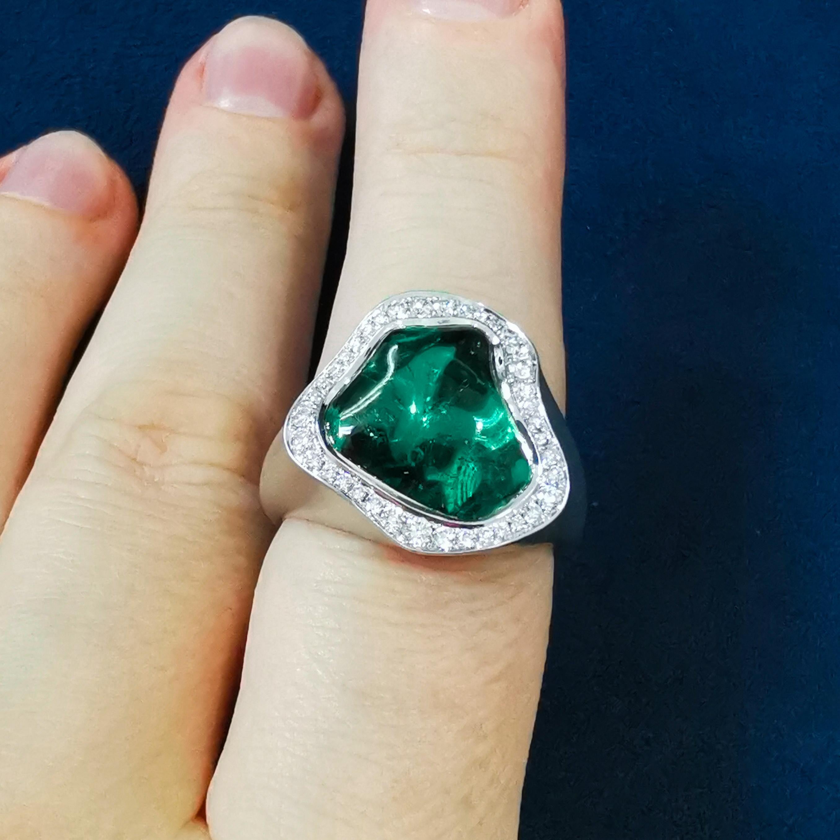 Green Tourmaline 8.54 Carat Diamonds 18 Karat White Matte Gold Spectrum Ring For Sale 2
