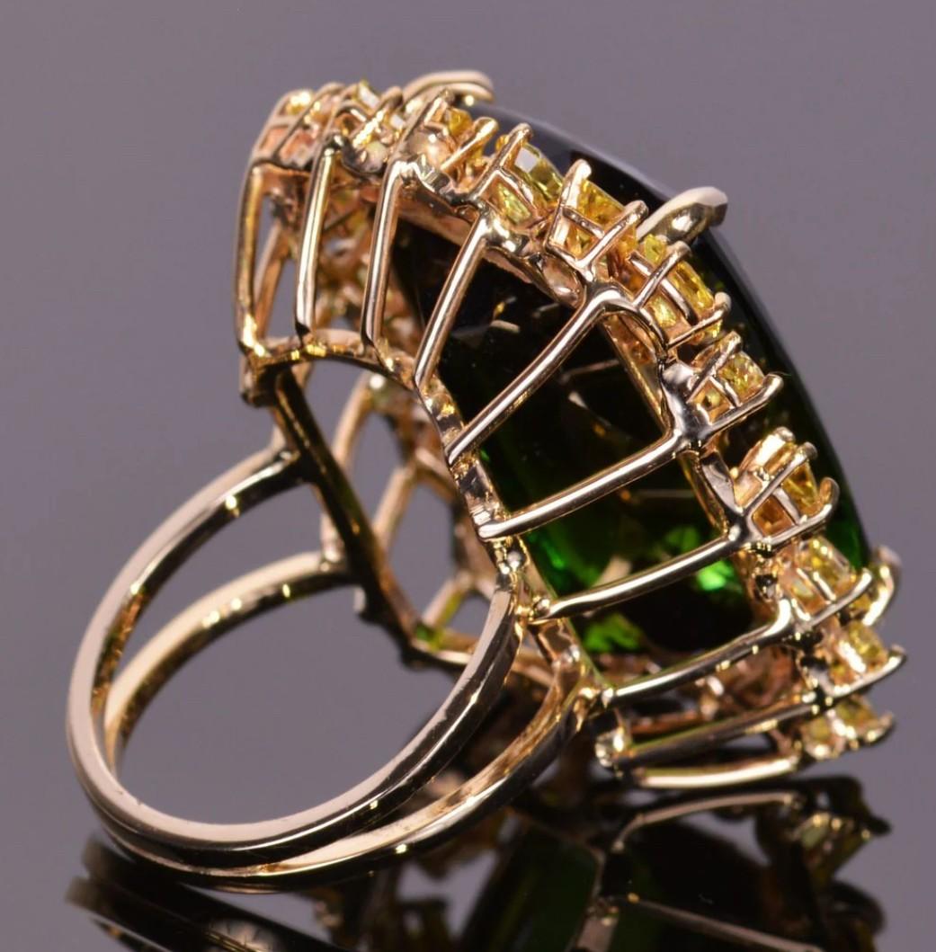 Cushion Cut Green Tourmaline and Canary Yellow Sapphire Cocktail Ring For Sale