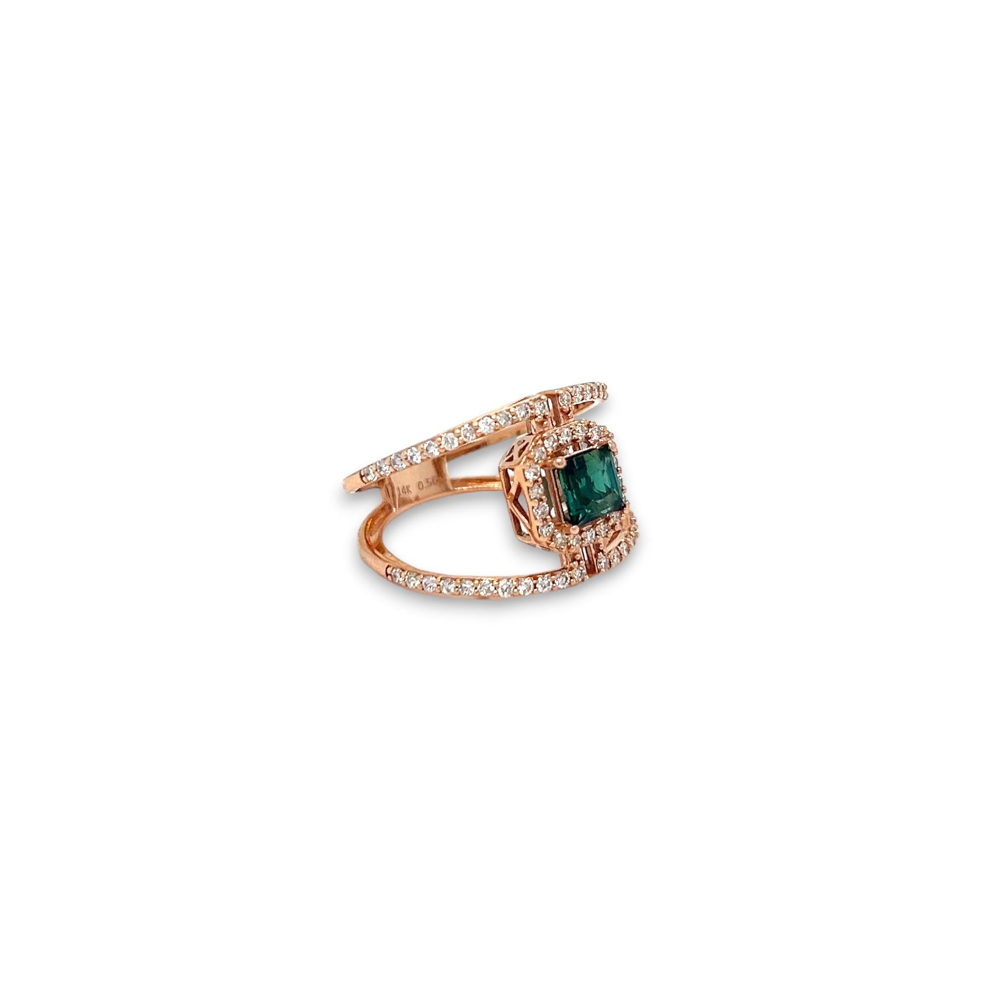This gorgeous ring features a 0.88ct square green tourmaline surrounded by 0.58 total ct of G/H color and S/I clarity round diamonds. Set in 14k rose gold, this ring can be sized upon purchase.