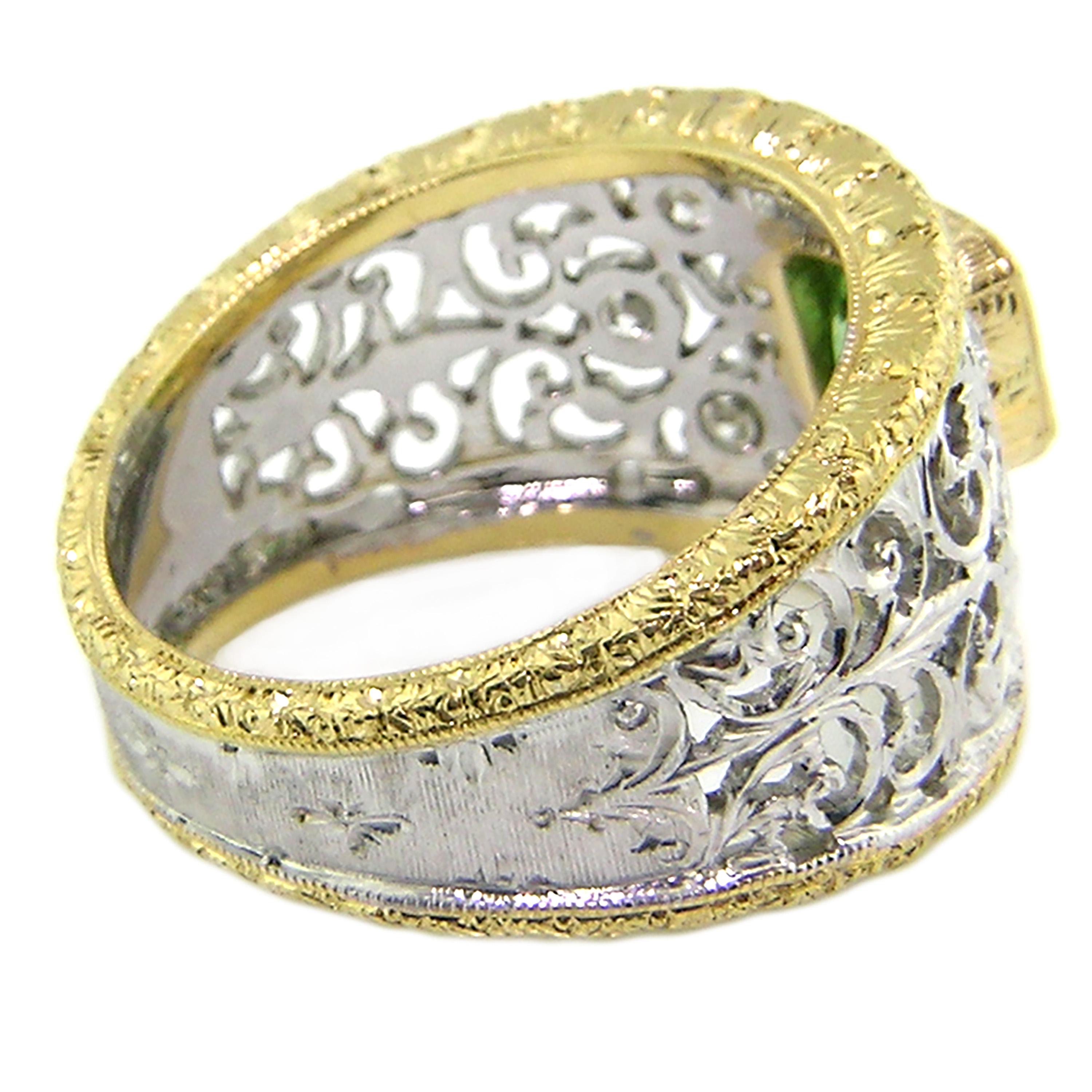 Artisan Green Tourmaline and Diamond 18kt Hand Engraved Ring, Handmade in Italy