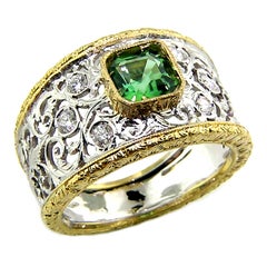 Green Tourmaline and Diamond 18kt Hand Engraved Ring, Handmade in Italy