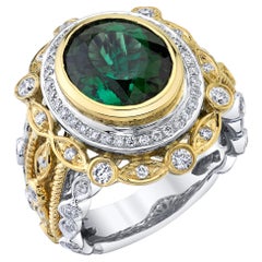 Green Tourmaline and Diamond Cocktail Ring in 18k Gold, 4.45 Carats
