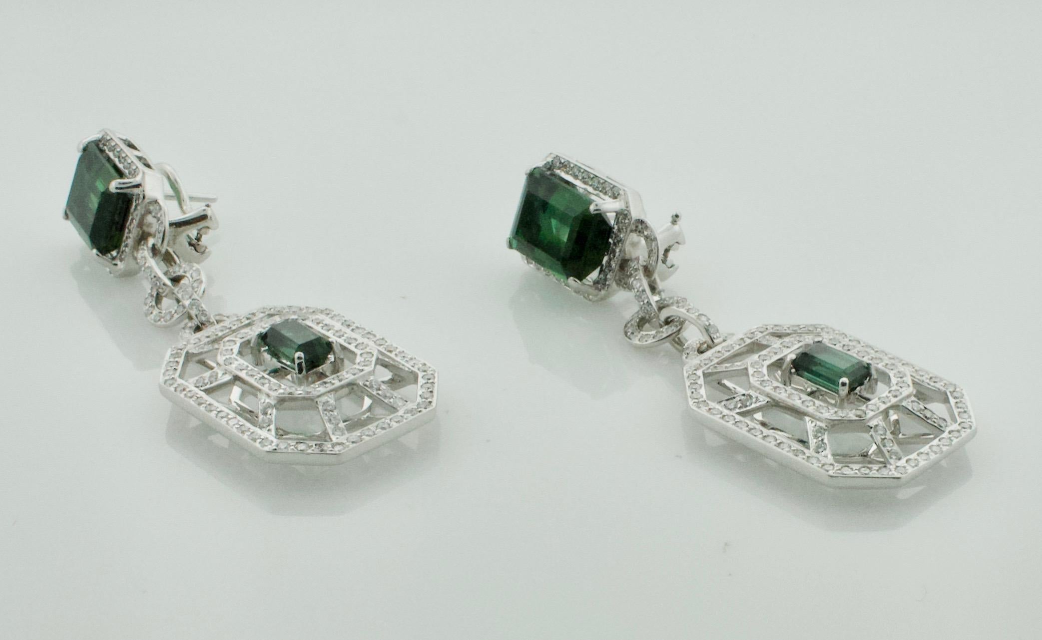 Emerald Cut Green Tourmaline and Diamond Dangling Earrings in 18 Karat White Gold For Sale