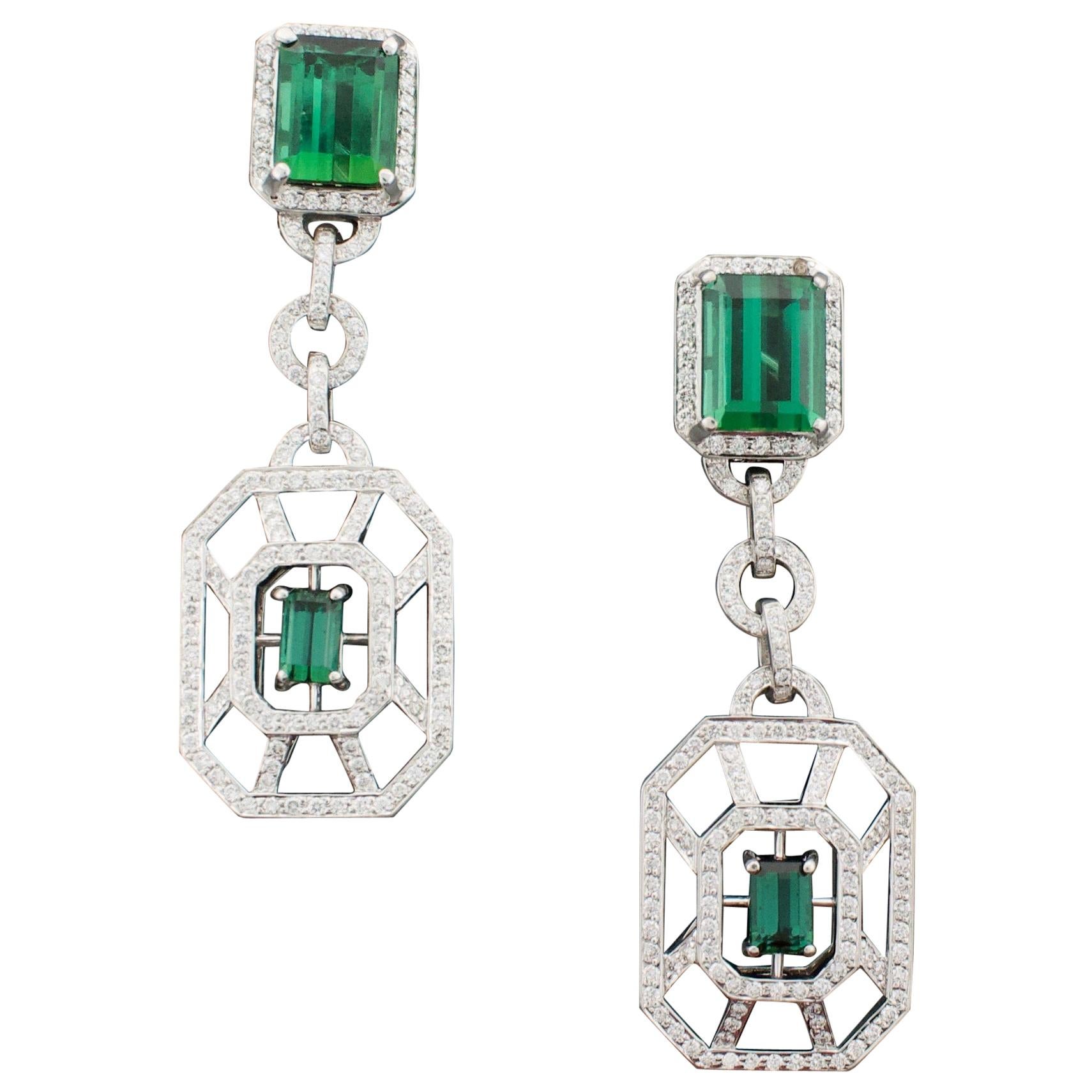 Green Tourmaline and Diamond Dangling Earrings in 18 Karat White Gold For Sale