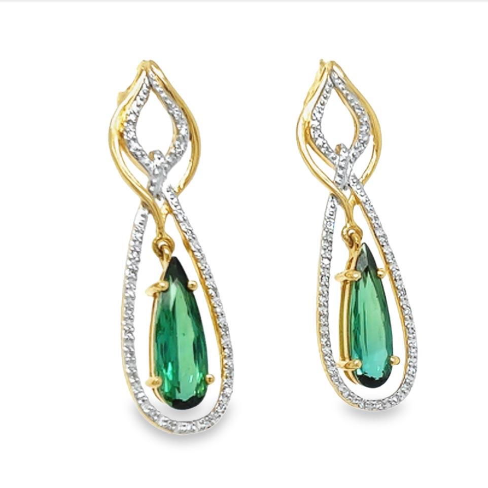 Contemporary Green Tourmaline and Diamond Drop Earrings