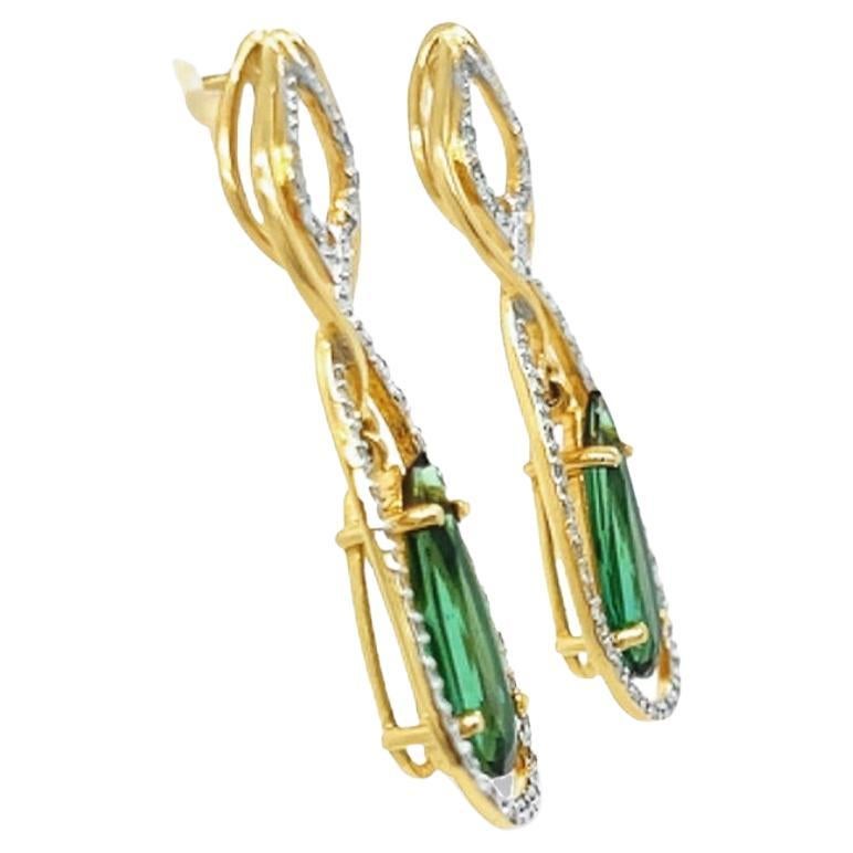 Pear Cut Green Tourmaline and Diamond Drop Earrings