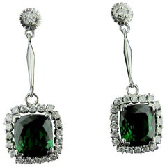 Green Tourmaline and Diamond Drop Earrings in 18 Karat White Gold