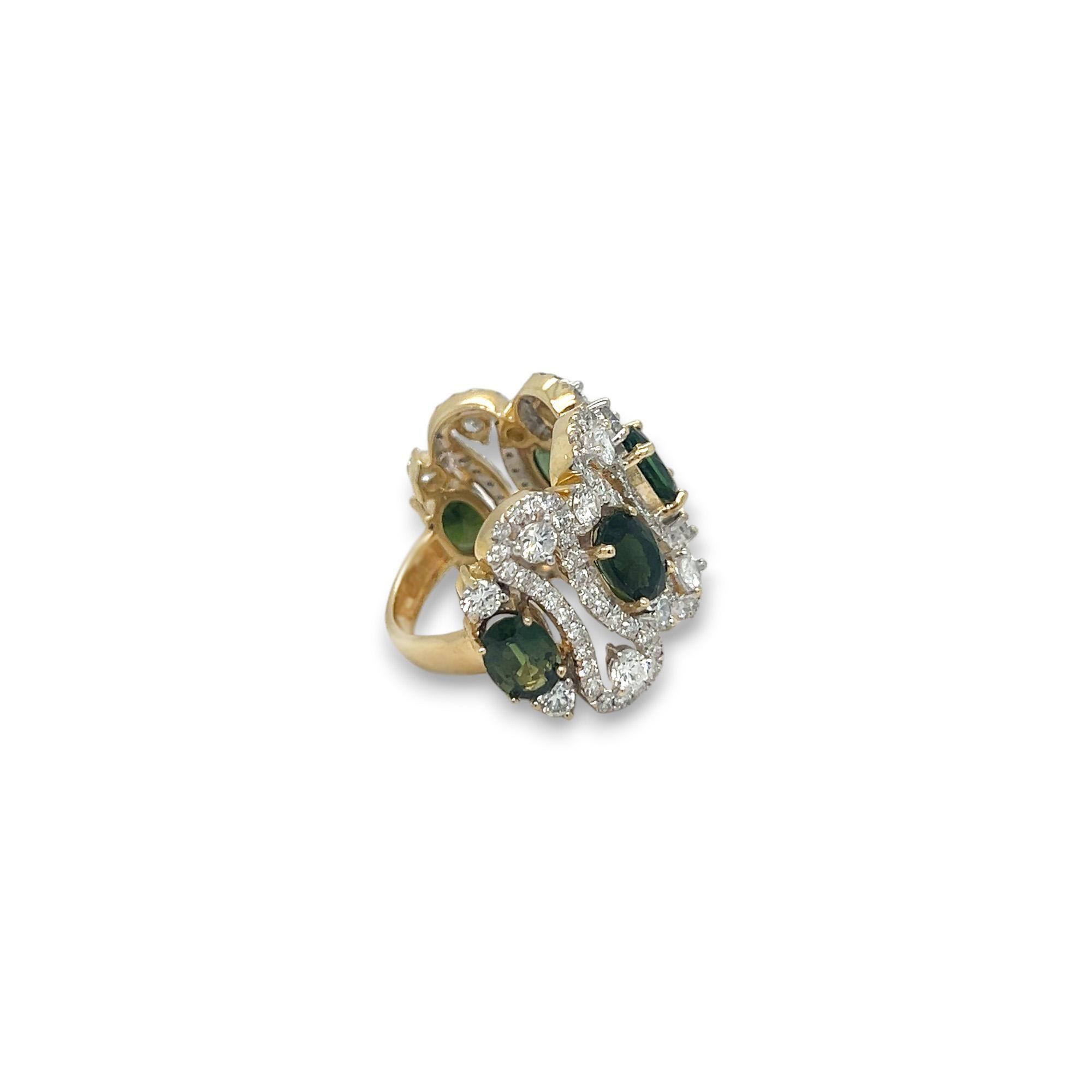 Oval Cut Green Tourmaline and Diamond Fancy Statement Ring For Sale