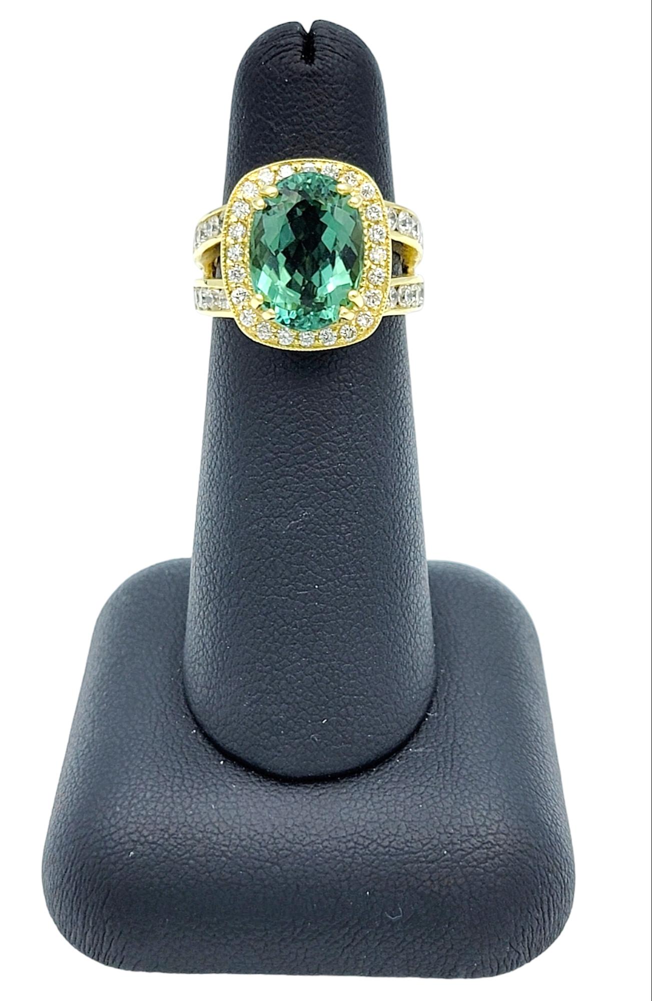 Green Tourmaline and Diamond Halo Split Shank Cocktail Ring 18 Karat Yellow Gold For Sale 4