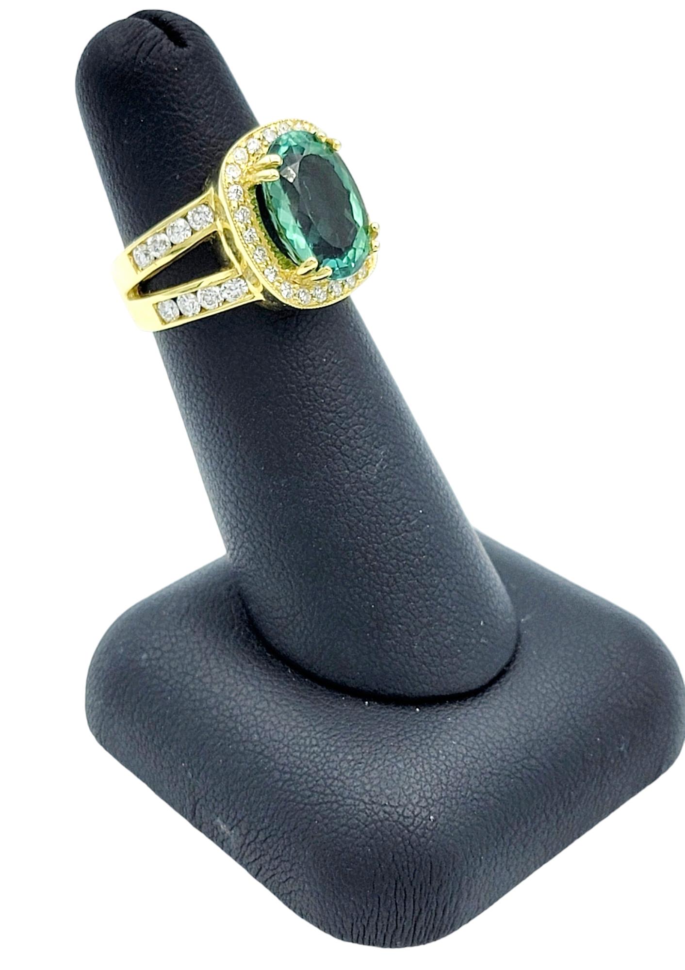 Green Tourmaline and Diamond Halo Split Shank Cocktail Ring 18 Karat Yellow Gold For Sale 5