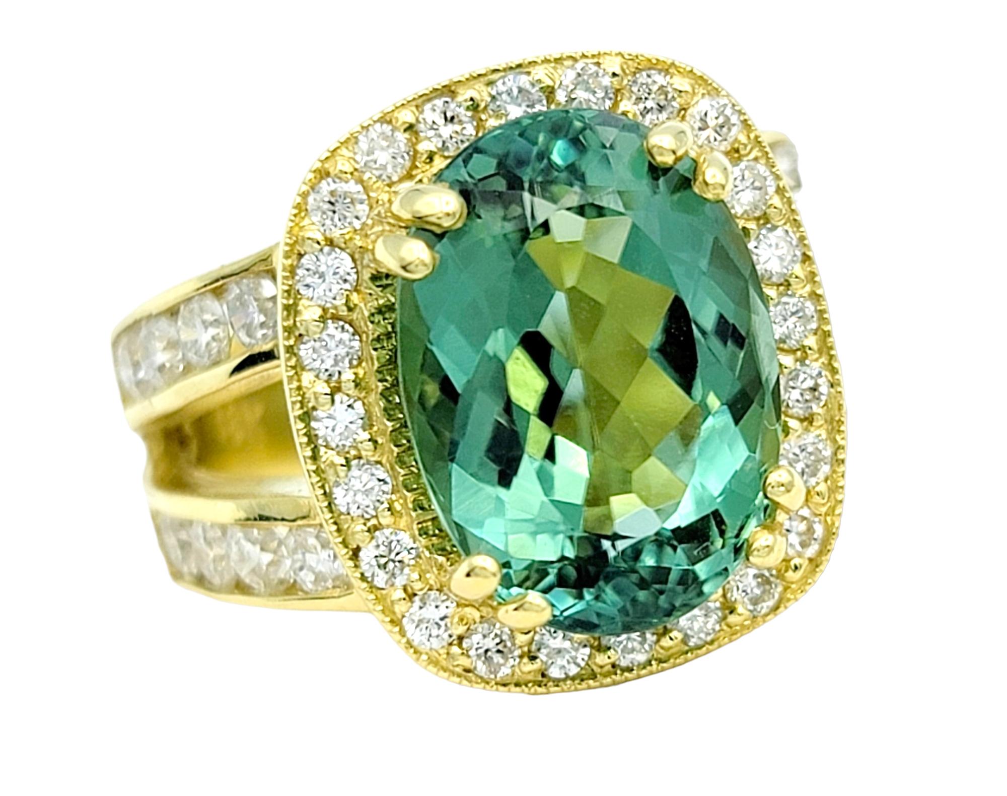 Contemporary Green Tourmaline and Diamond Halo Split Shank Cocktail Ring 18 Karat Yellow Gold For Sale