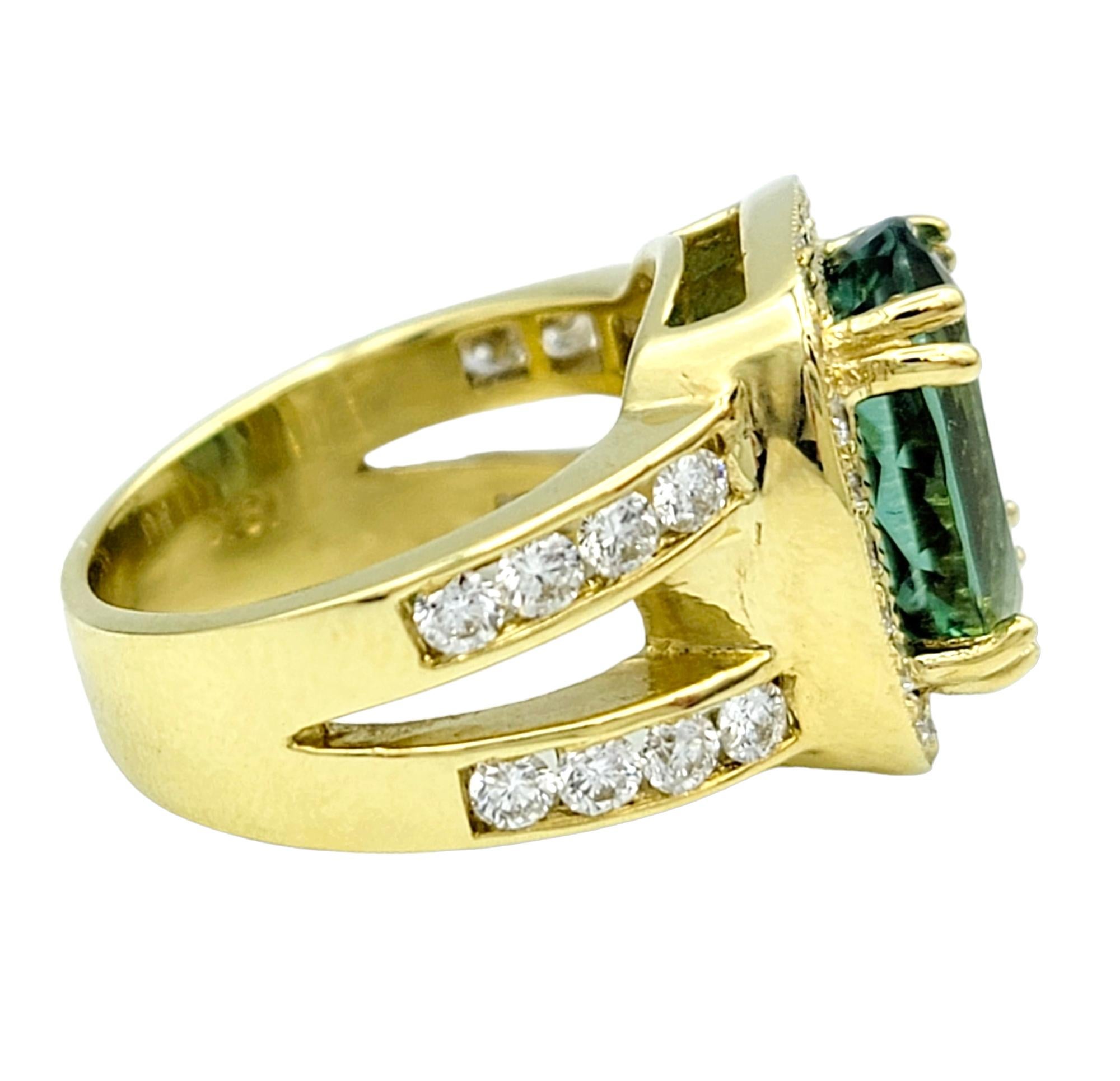 Green Tourmaline and Diamond Halo Split Shank Cocktail Ring 18 Karat Yellow Gold In Good Condition For Sale In Scottsdale, AZ