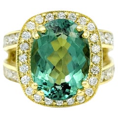 Green Tourmaline and Diamond Halo Split Shank Cocktail Ring 18 Karat Yellow Gold