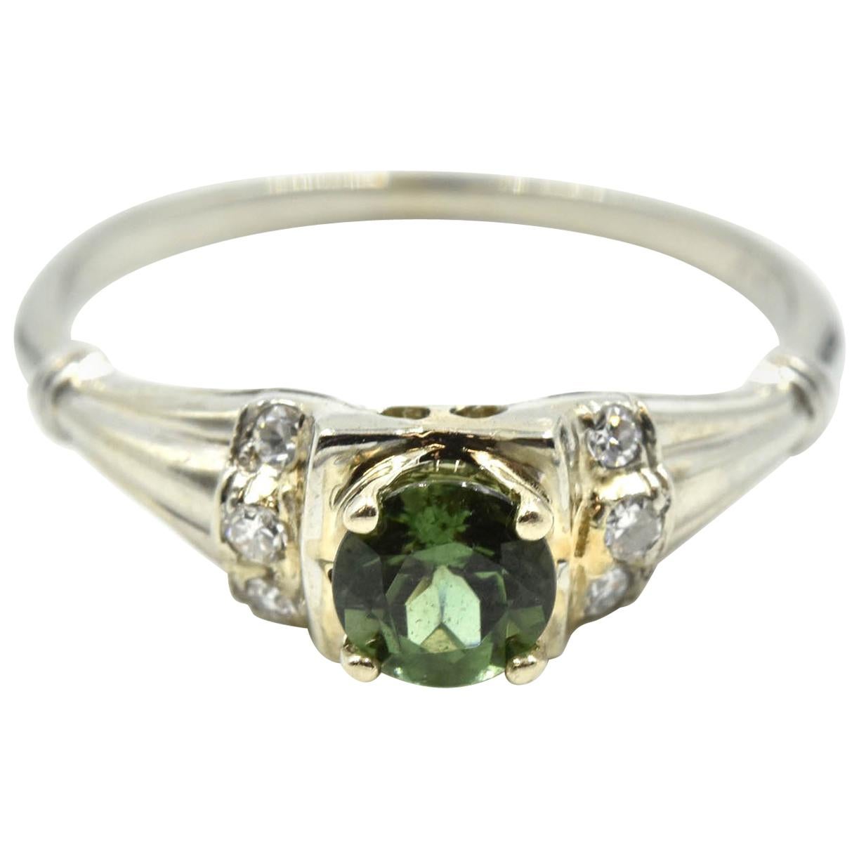 Green Tourmaline and Diamond Ring 18 Karat White Gold