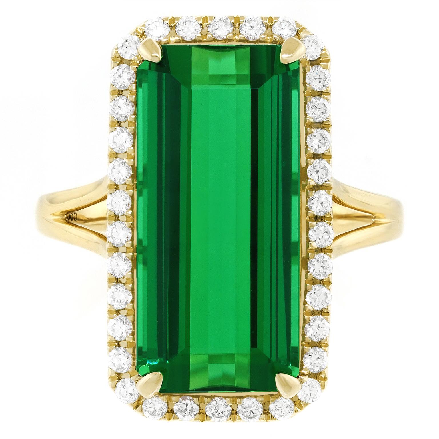 Emerald Cut Green Tourmaline and Diamond Ring
