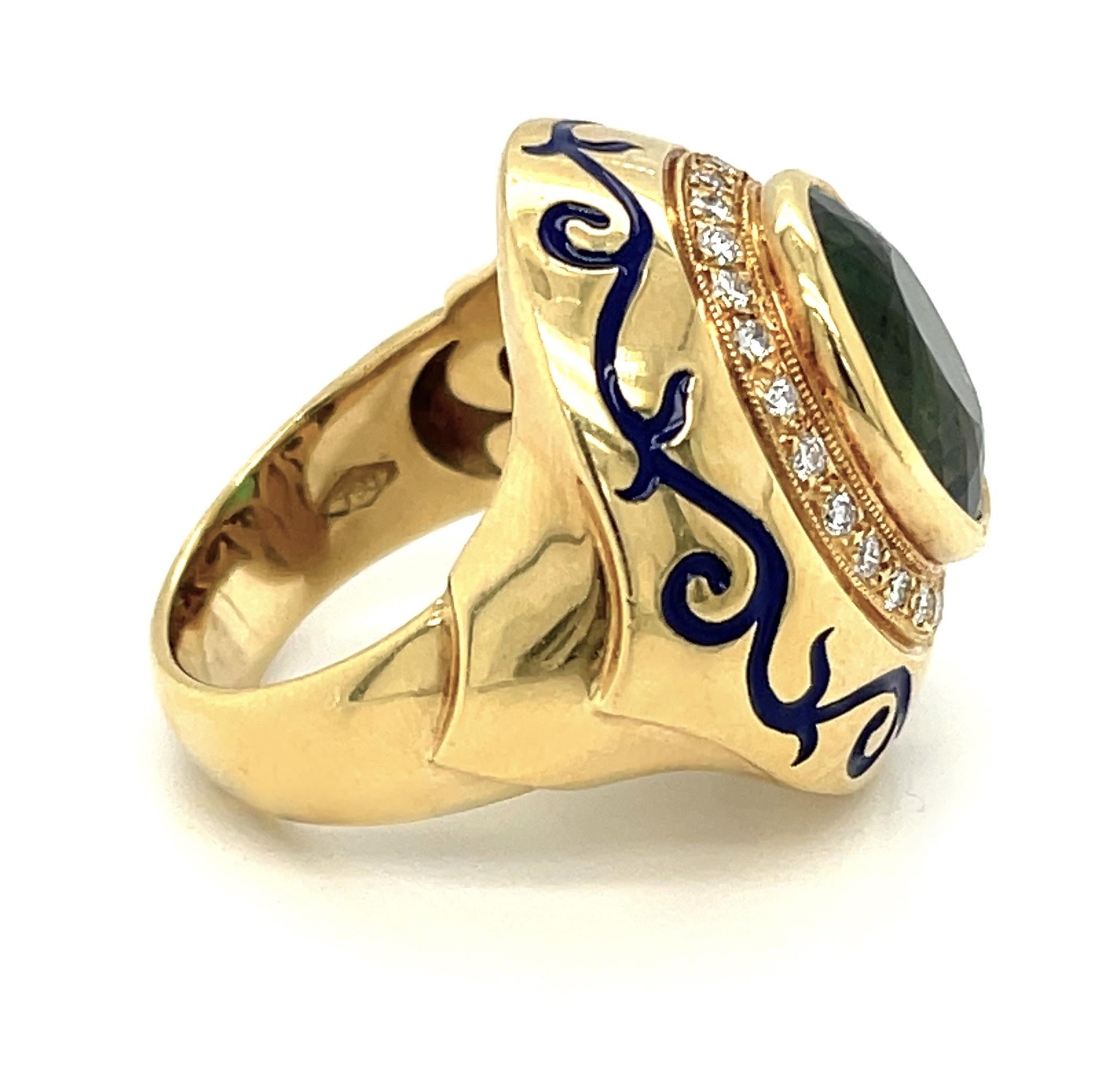 This impressive statement ring features a spectacular 7.88 carat faceted green tourmaline with gorgeous color and brilliance! The center gemstone is a beautiful bright green oval with bluish green and yellowish green highlights that sparkle