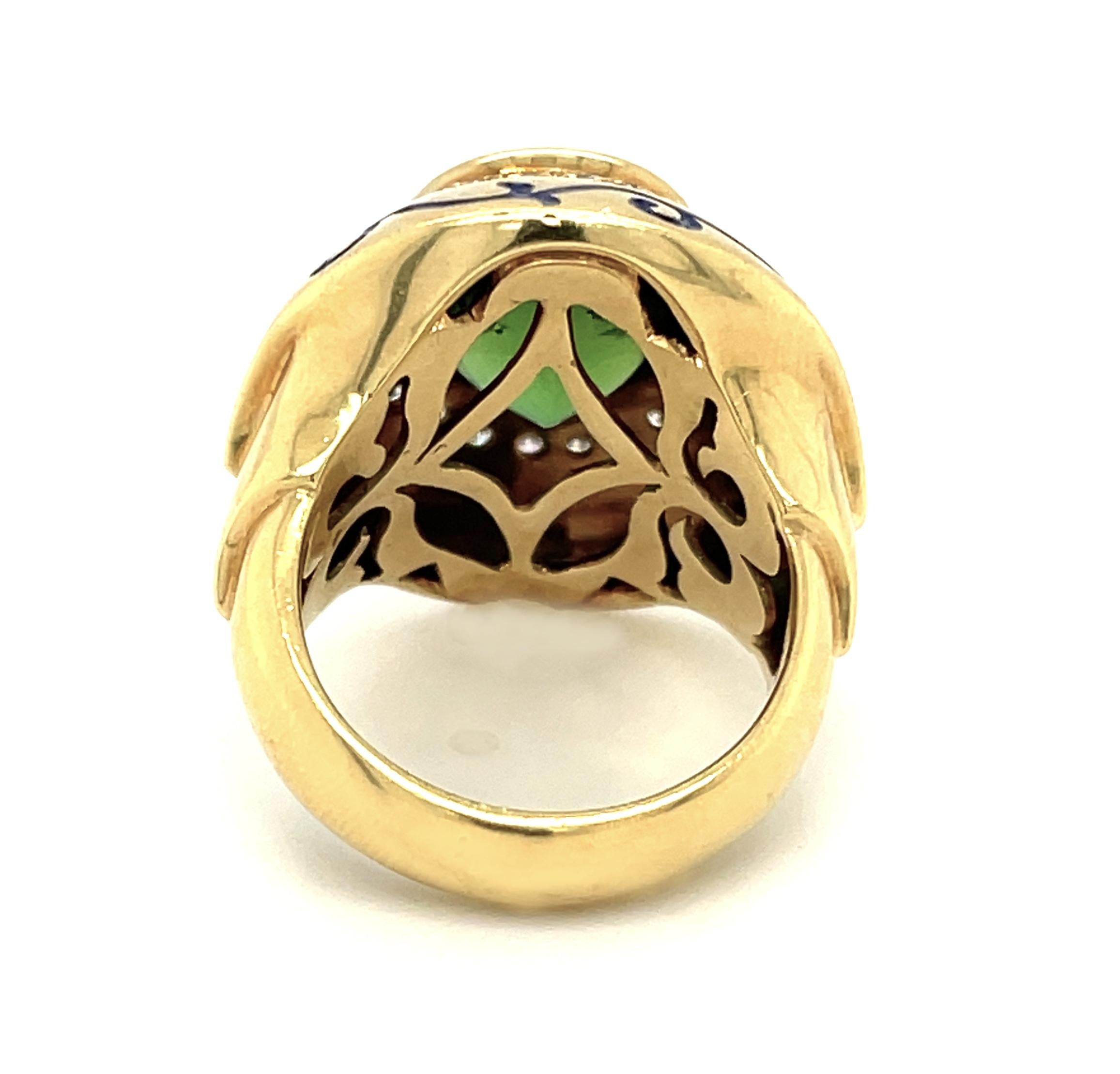 Artisan Green Tourmaline and Diamond Ring in 18k Yellow Gold with Blue Enamel For Sale