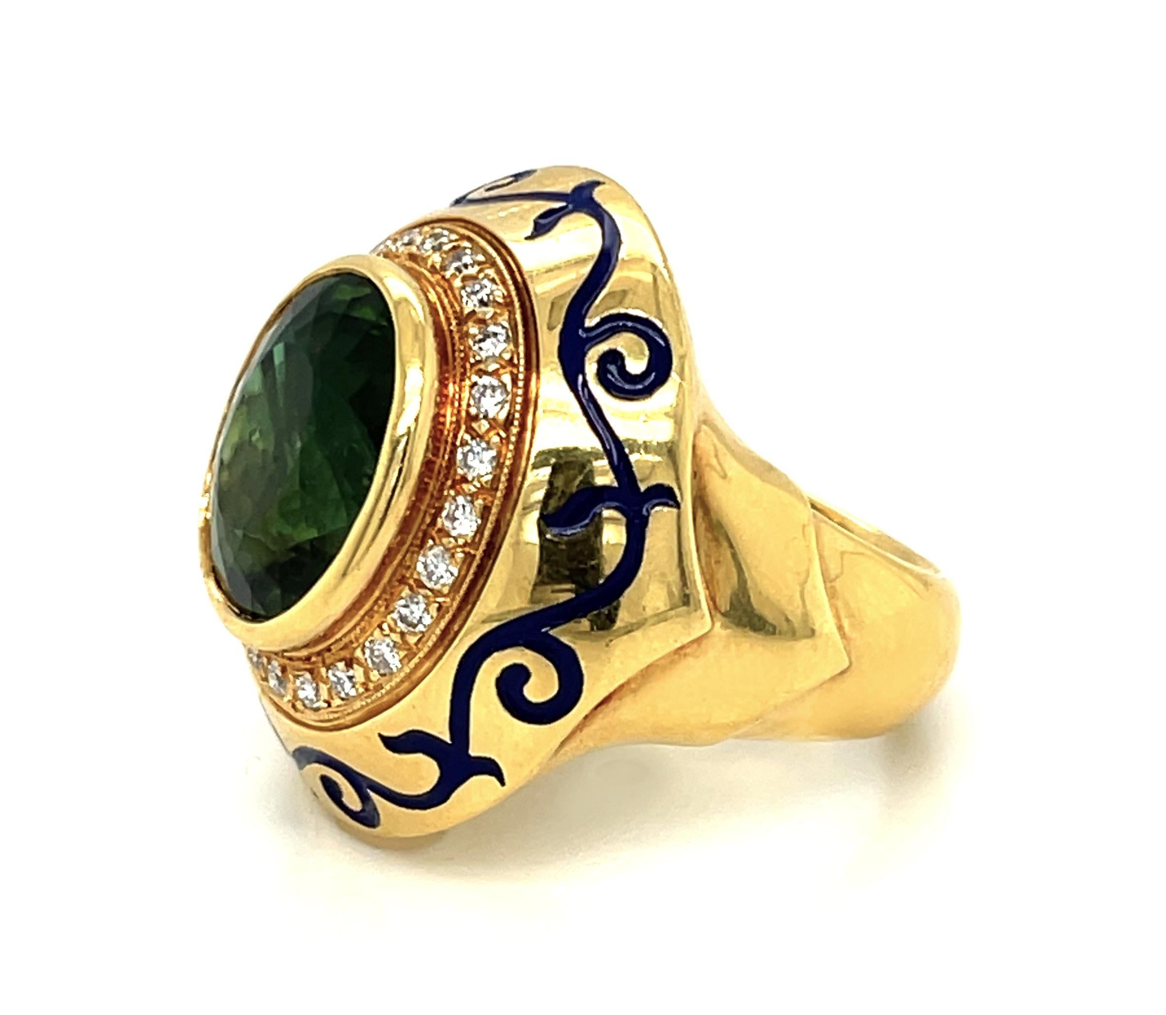 Oval Cut Green Tourmaline and Diamond Ring in 18k Yellow Gold with Blue Enamel For Sale