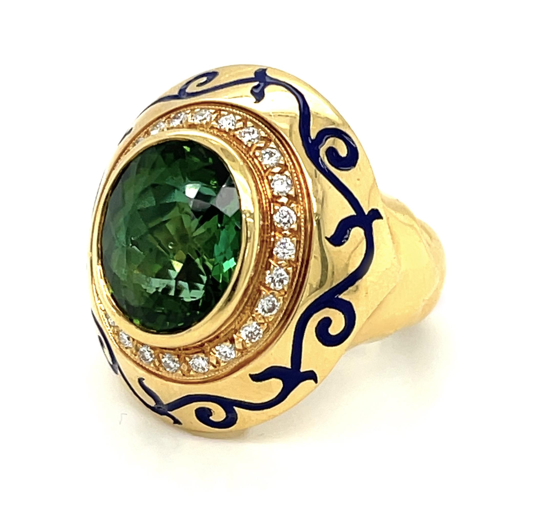 Green Tourmaline and Diamond Ring in 18k Yellow Gold with Blue Enamel In New Condition For Sale In Los Angeles, CA