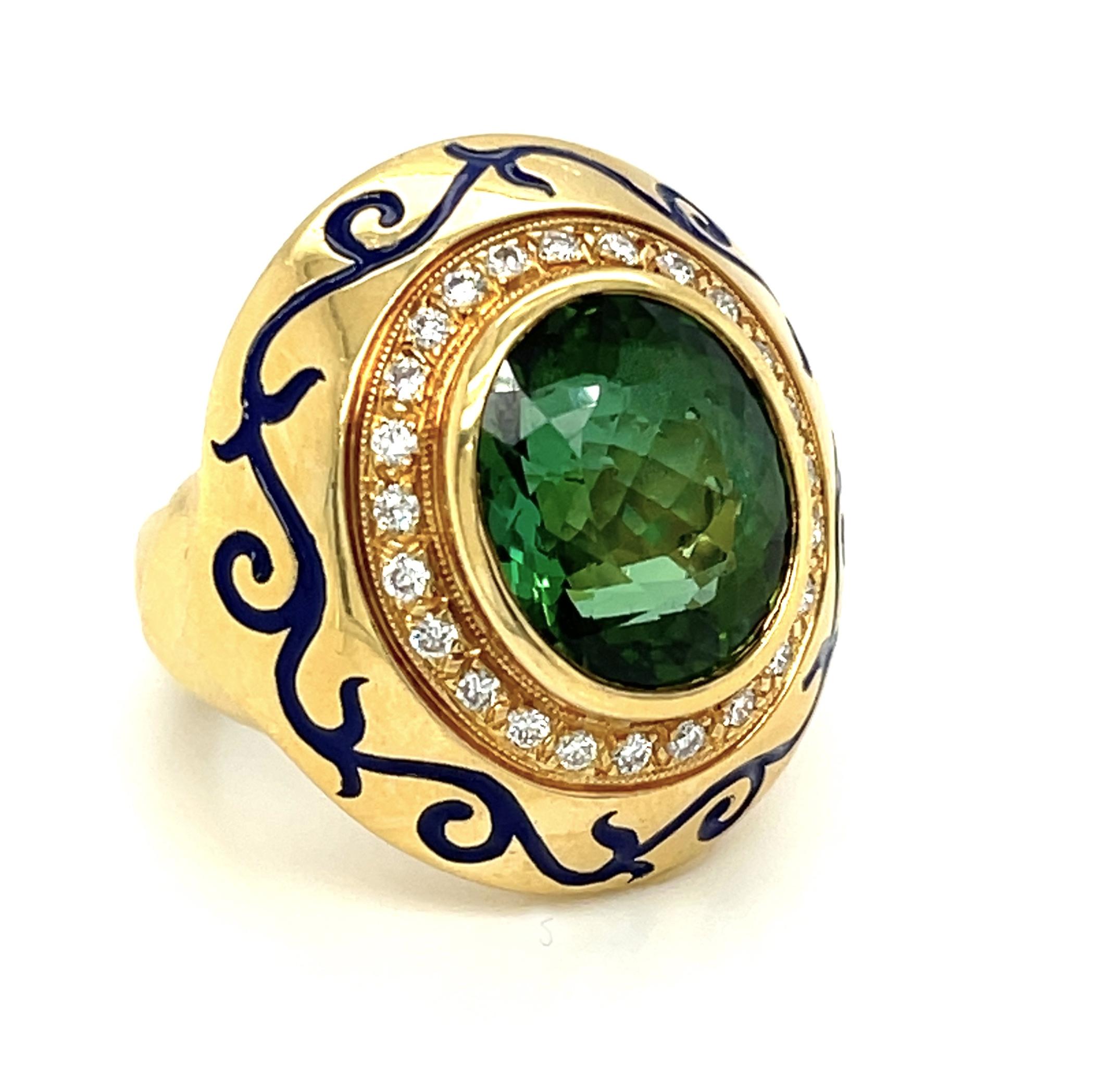 Women's or Men's Green Tourmaline and Diamond Ring in 18k Yellow Gold with Blue Enamel For Sale