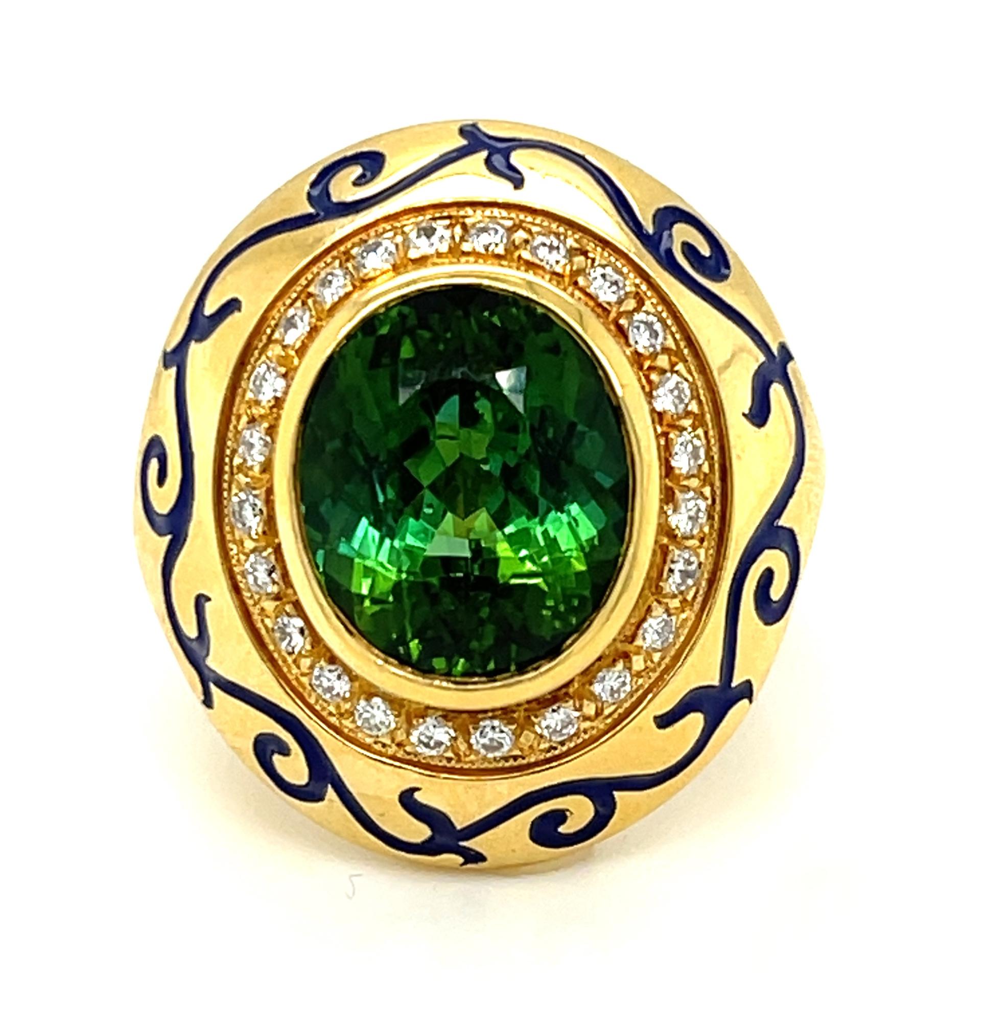 Green Tourmaline and Diamond Ring in 18k Yellow Gold with Blue Enamel For Sale 1
