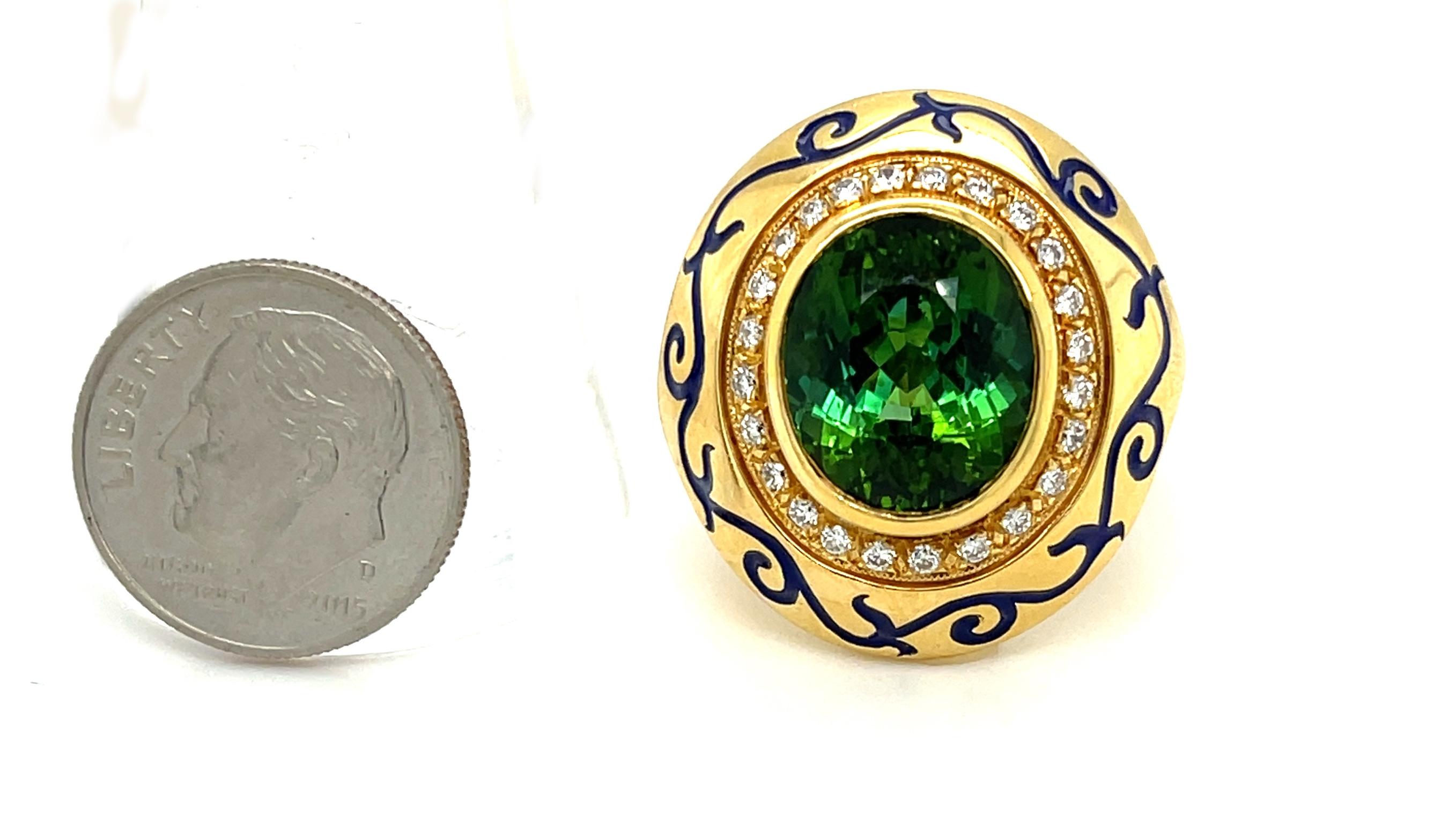 Green Tourmaline and Diamond Ring in 18k Yellow Gold with Blue Enamel For Sale 2
