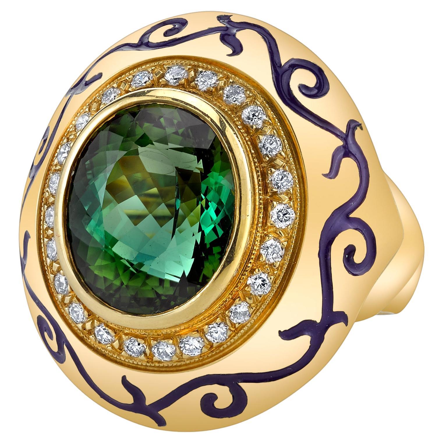 Green Tourmaline and Diamond Ring in 18k Yellow Gold with Blue Enamel For Sale