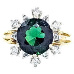 Vintage Green Tourmaline and Diamond Snowflake Ring in 18k Yellow Gold