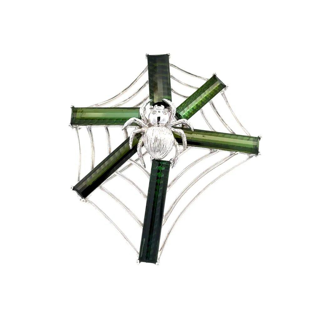 Emerald Cut Green Tourmaline and Diamond Spider Web Vintage Brooch Pin Pendant For Sale