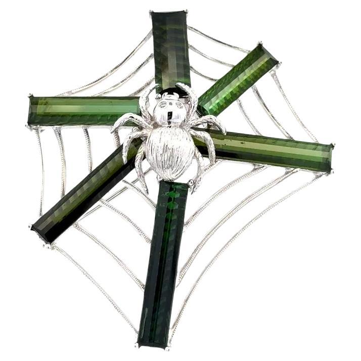 Green Tourmaline and Diamond Spider Web Vintage Brooch Pin Pendant