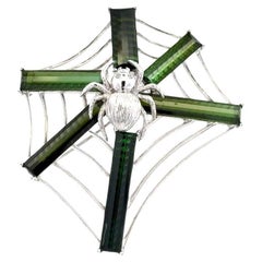 Green Tourmaline and Diamond Spider Web Vintage Brooch Pin Pendant