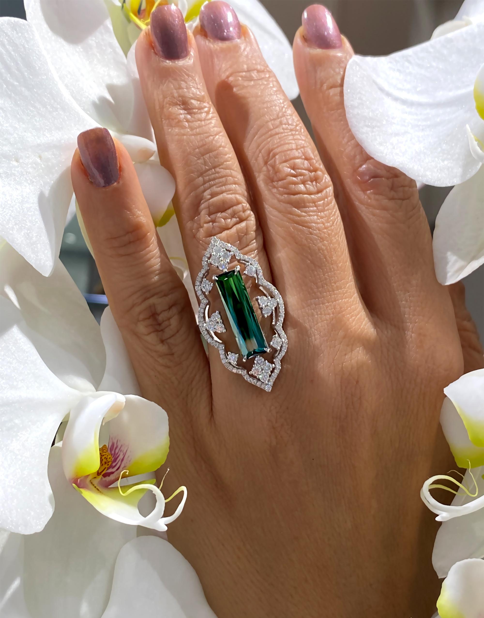 Baguette Cut Green Tourmaline and Diamond White Gold Ring For Sale