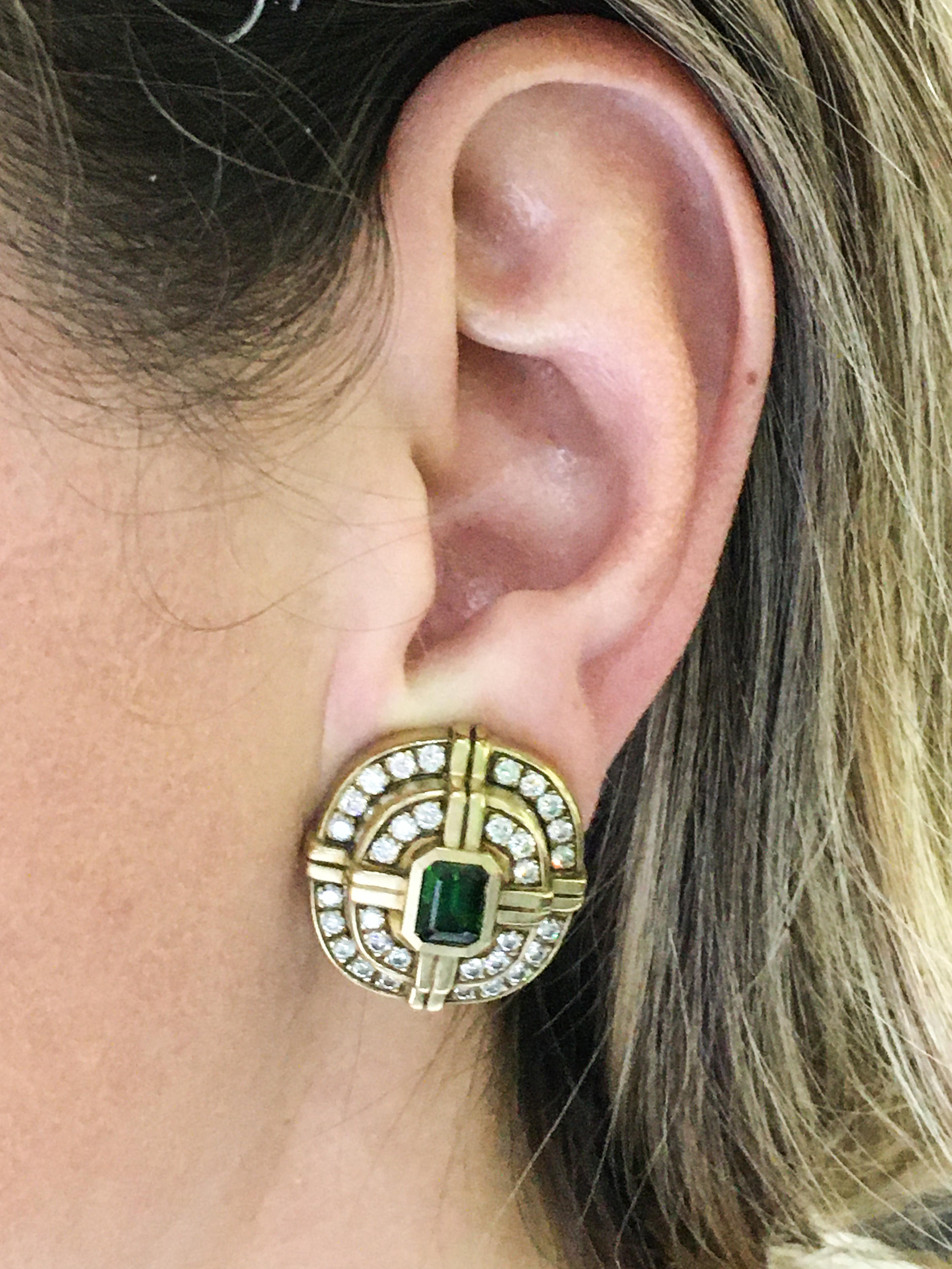 Emerald Cut Green Tourmaline and Diamond Yellow Gold Non-Pierced Clip Earrings For Sale