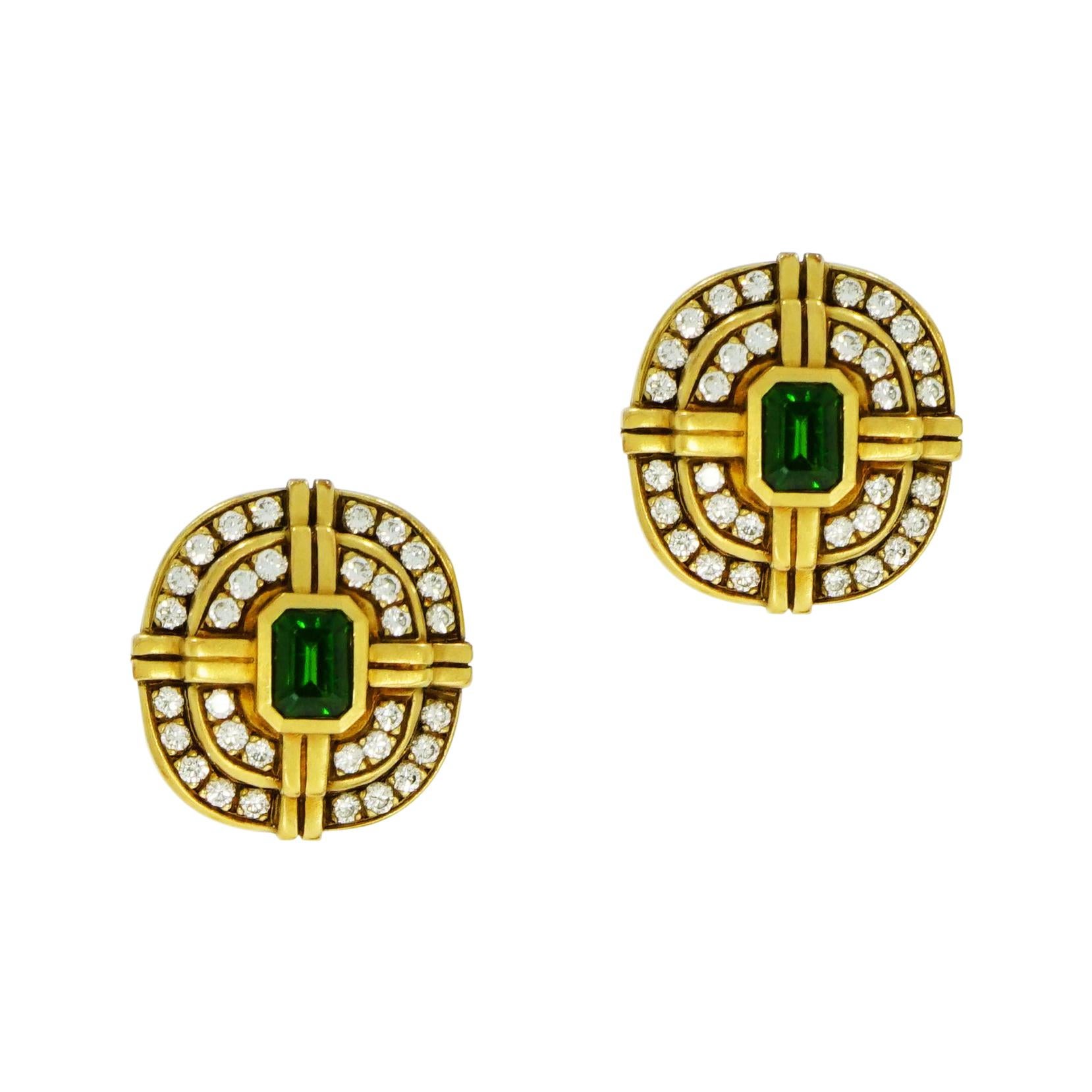 Green Tourmaline and Diamond Yellow Gold Non-Pierced Clip Earrings For Sale