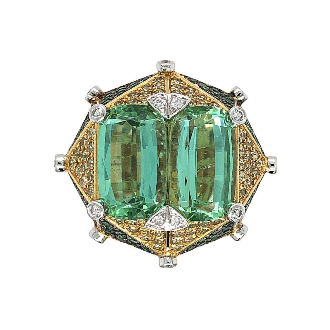 Anillo "Demoiselle" de oro de 18 quilates con turmalina verde y diamantes de Dilys