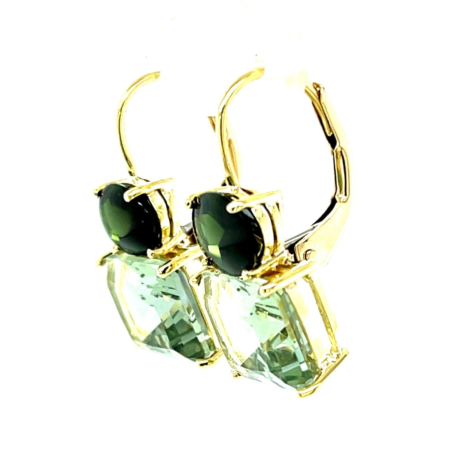 Emerald Cut Green Tourmaline and Green Quartz Lever Back Drop Earrings in Yellow Gold