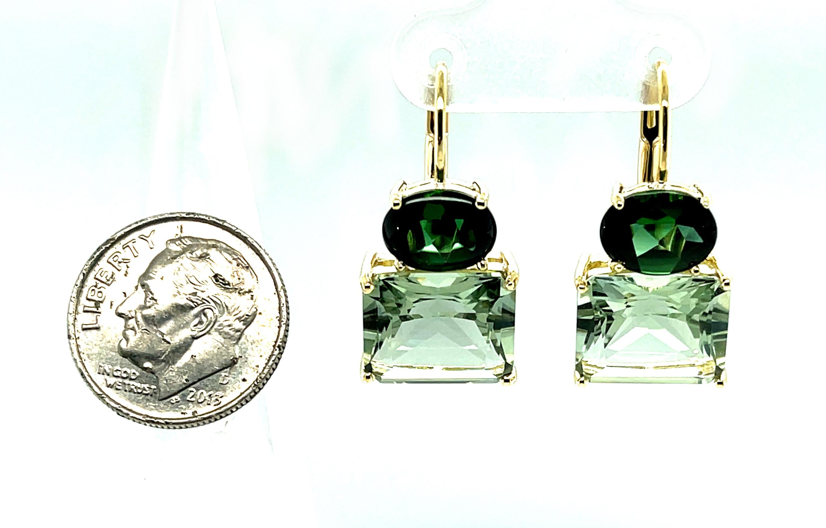 Green Tourmaline and Green Quartz Lever Back Drop Earrings in Yellow Gold In New Condition In Los Angeles, CA