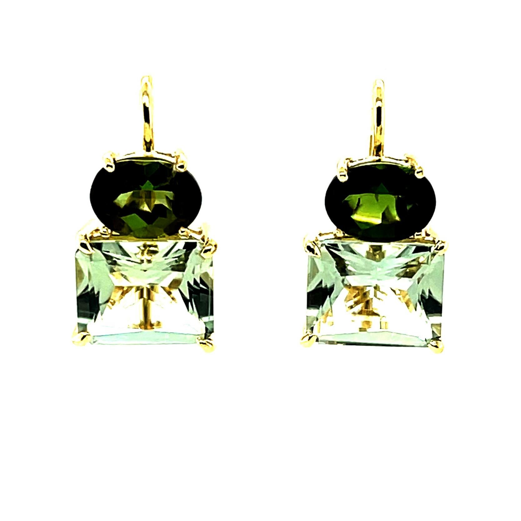 Green Tourmaline and Green Quartz Lever Back Drop Earrings in Yellow Gold 3