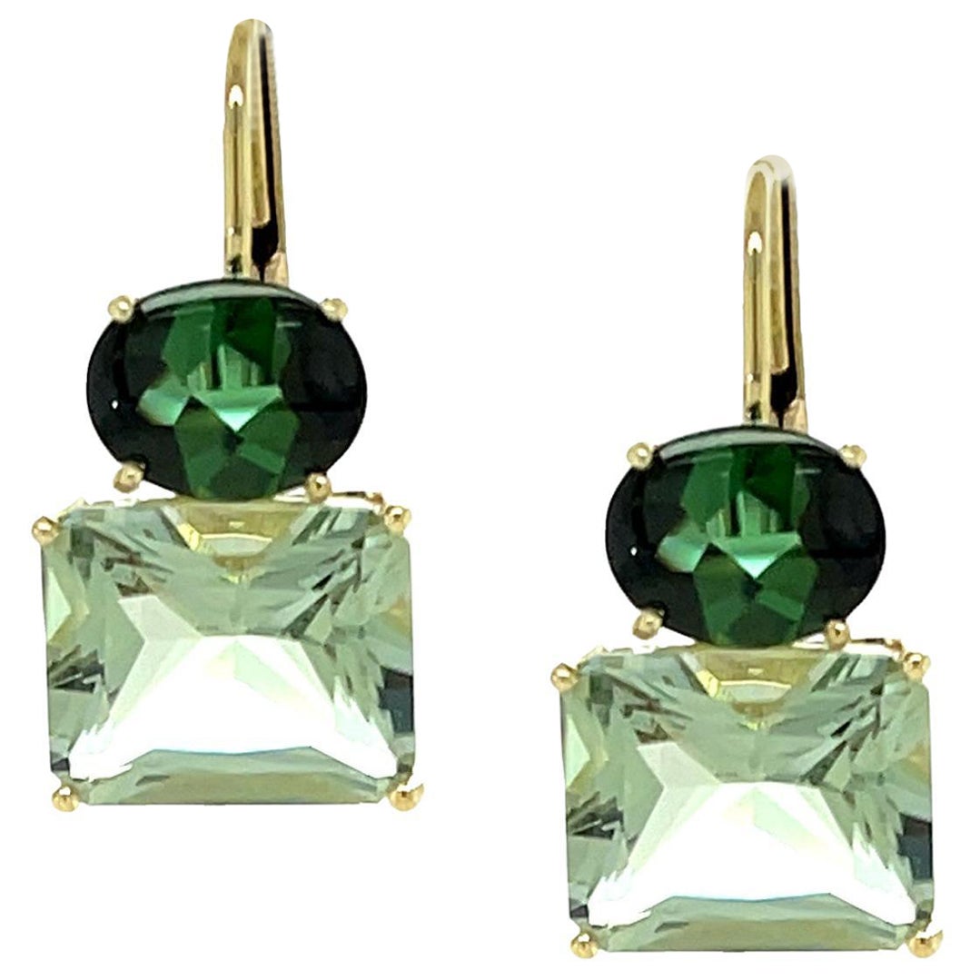 Green Tourmaline and Green Quartz Lever Back Drop Earrings in Yellow Gold