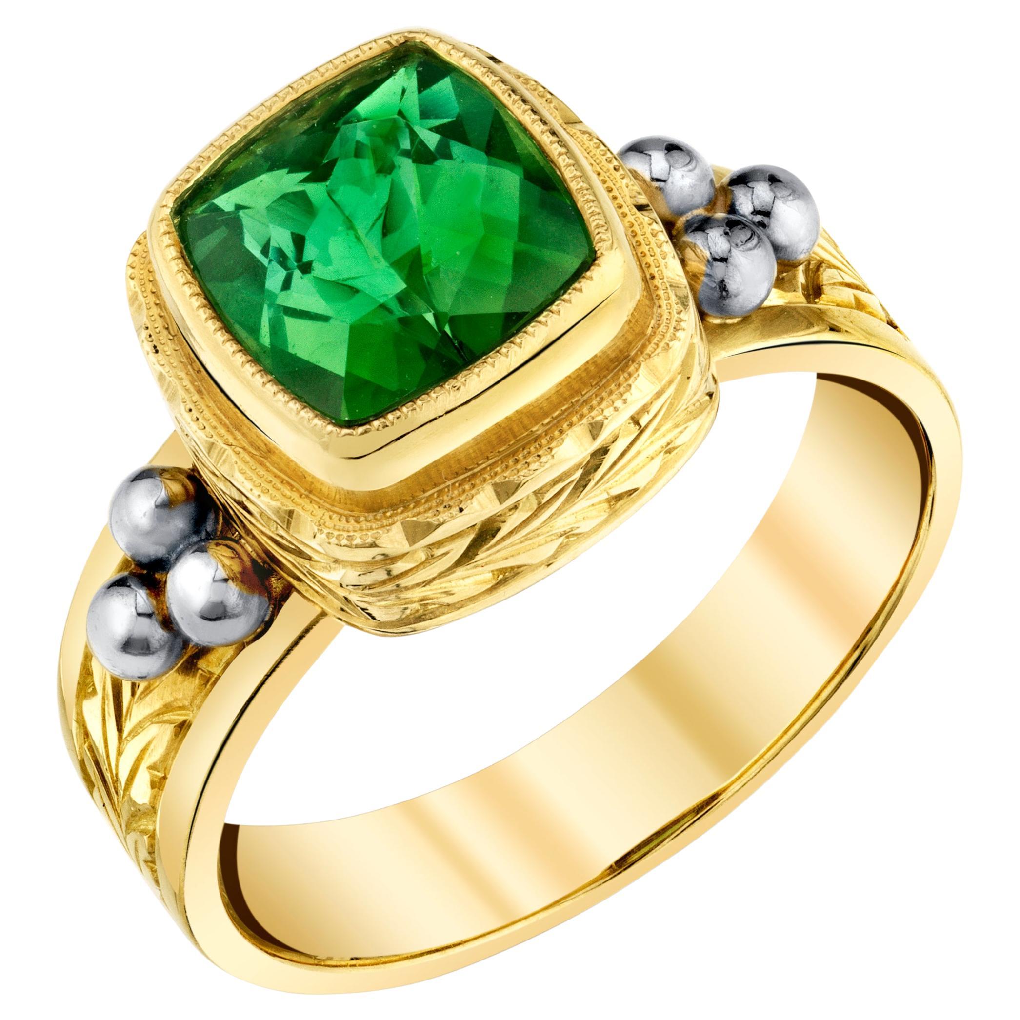 Green Tourmaline and Handmade 18k Yellow Gold Band Ring, 1.83 Carats