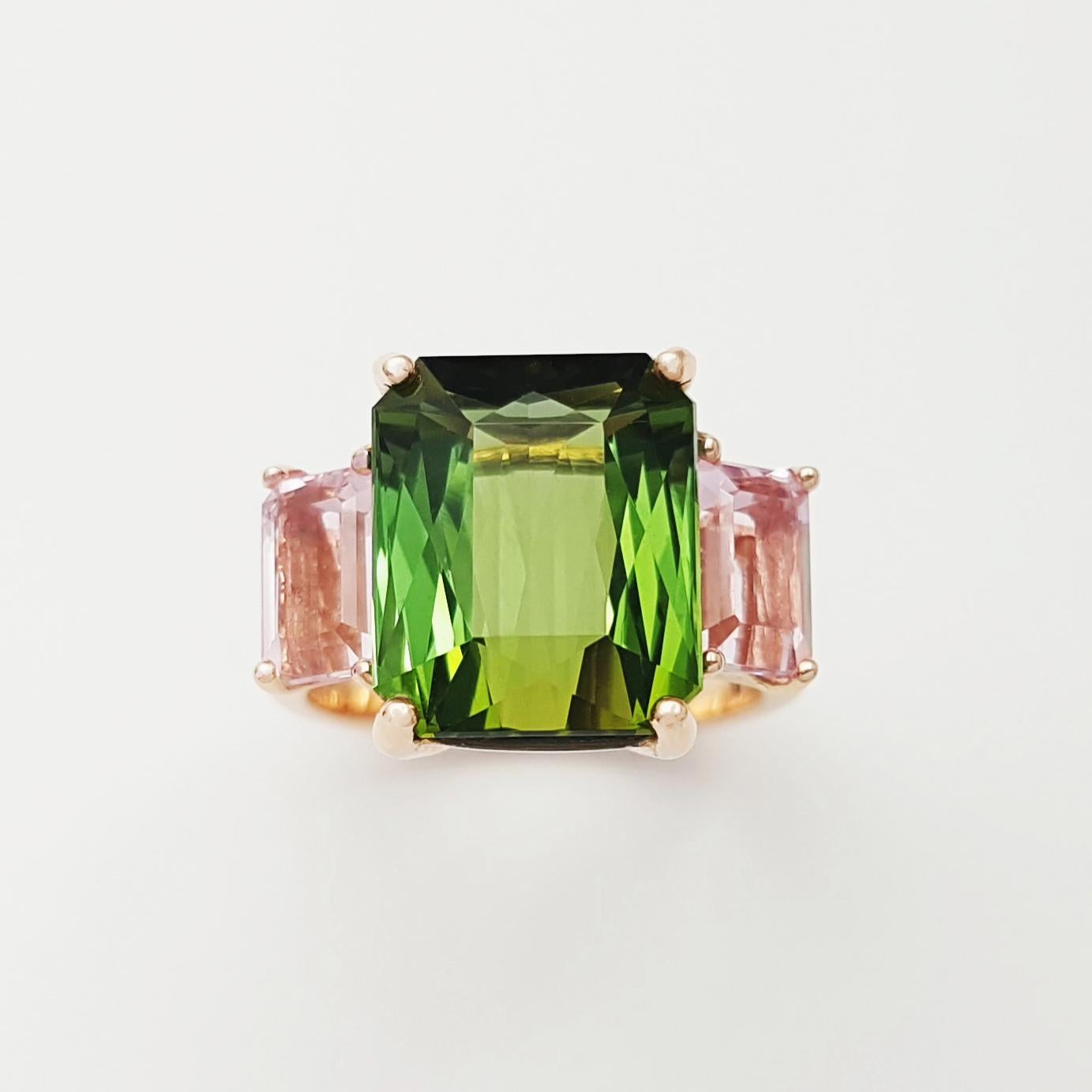 Bague en or rose 18 carats sertie de tourmaline verte et morganite en vente 5