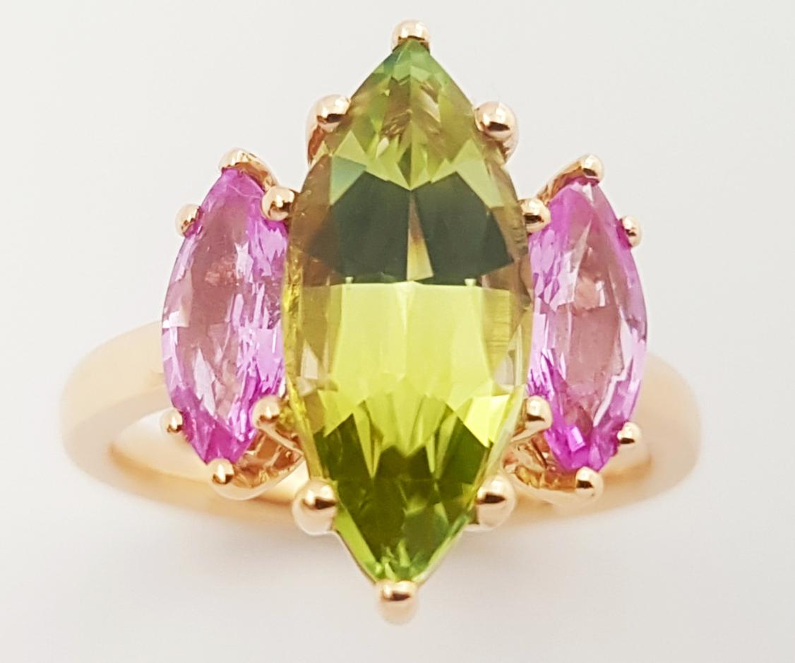 Green Tourmaline and Pink Sapphire Ring set in 18K Rose Gold Settings For Sale 7