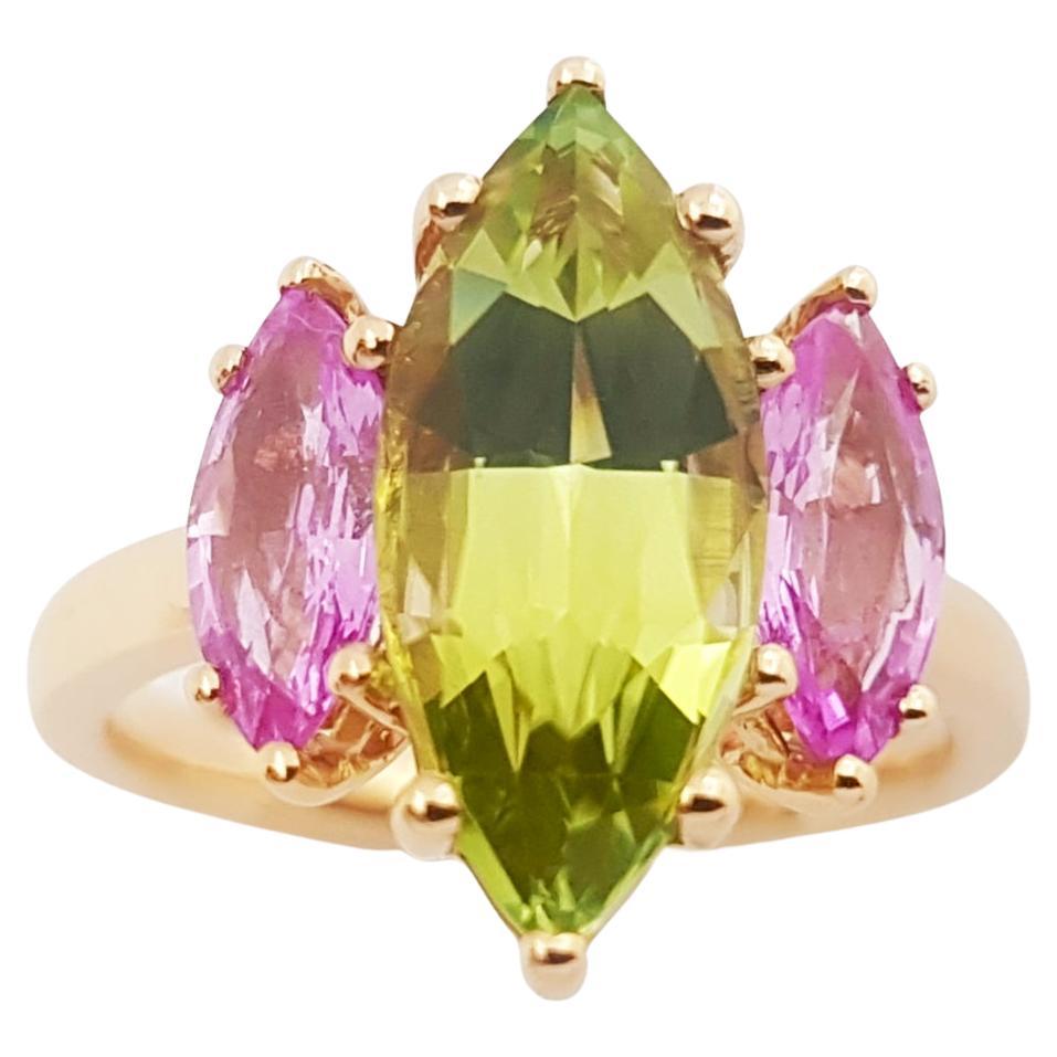 Green Tourmaline and Pink Sapphire Ring set in 18K Rose Gold Settings For Sale