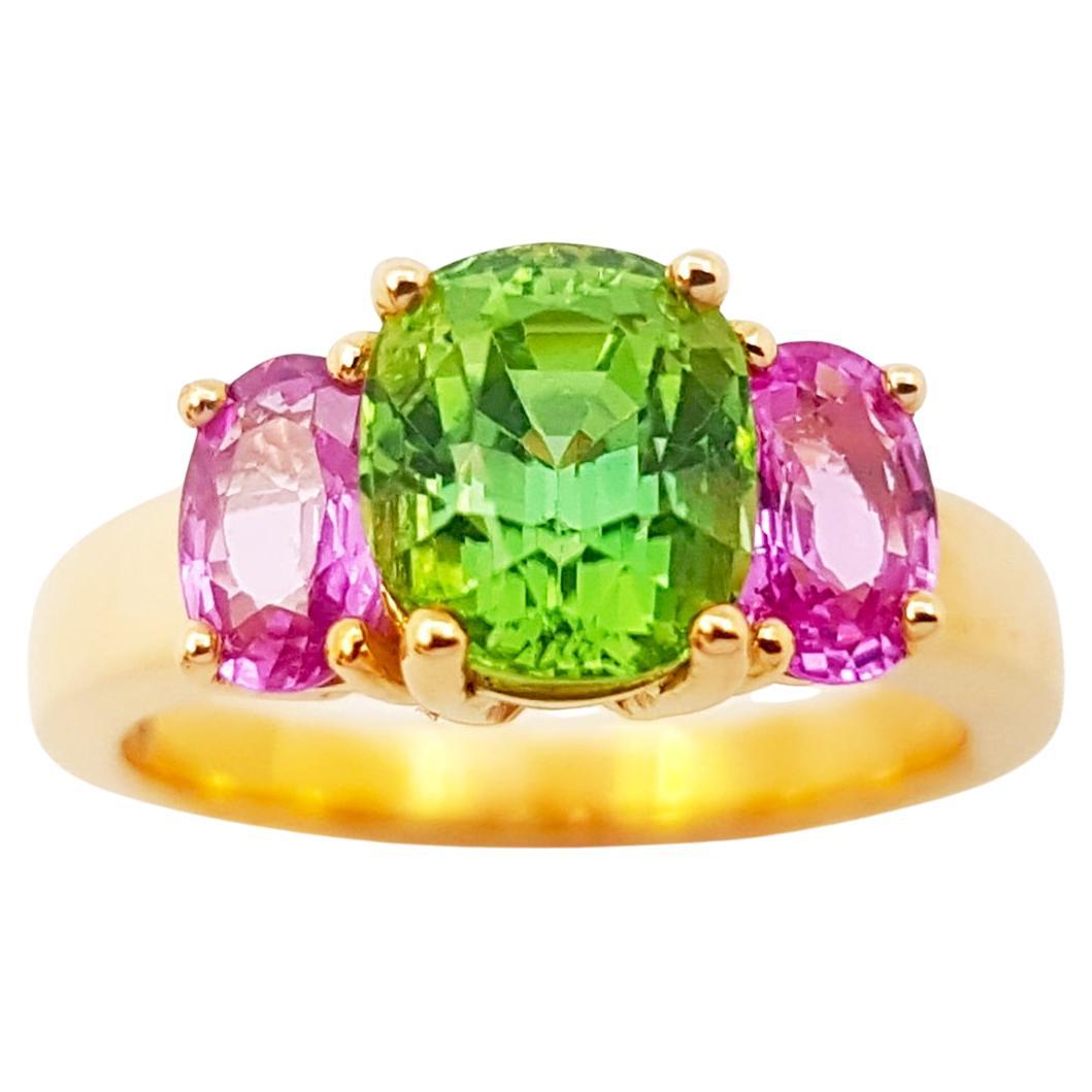 Green Tourmaline and Pink Sapphire Ring set in 18K Rose Gold Settings For Sale