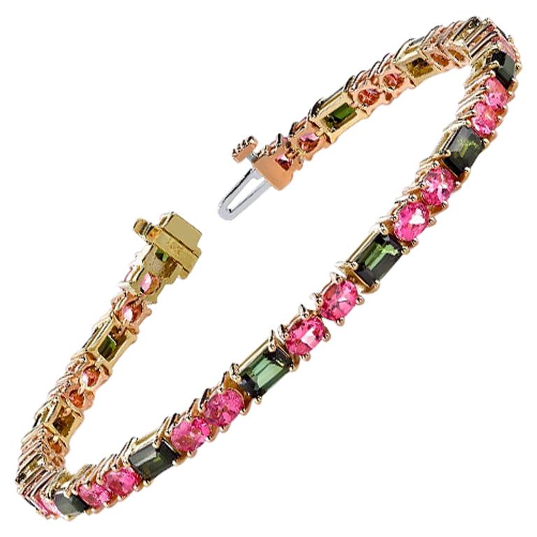 Bracelet tennis en or rose, rose et jaune avec spinelle rose et tourmaline verte  en vente