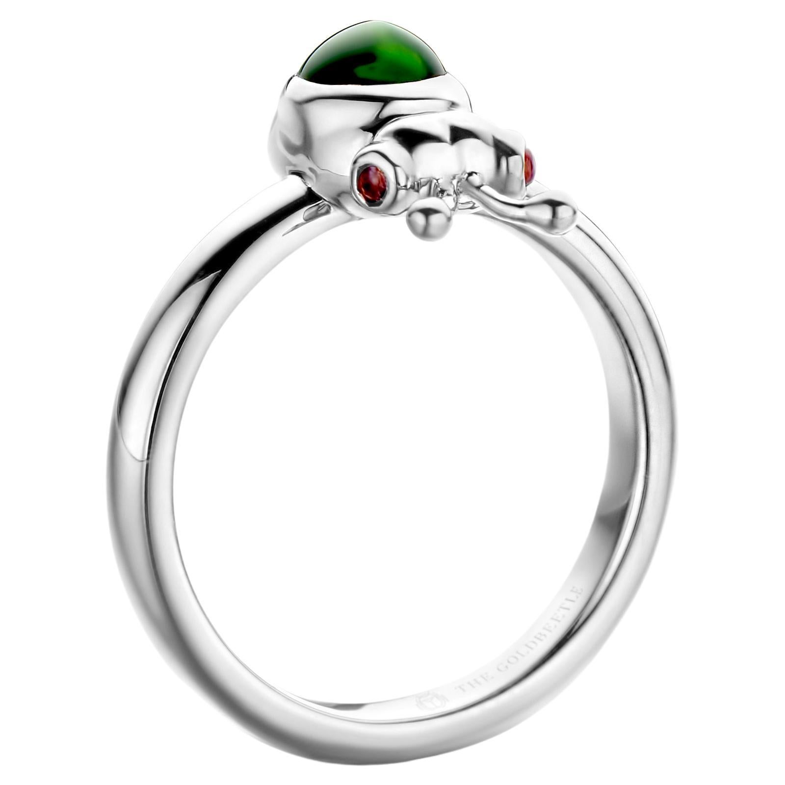 18K white gold Lilou ring set with one natural pear-shaped cabochon Green Tourmaline and two natural Pink Tourmalines in round cabochon cut
