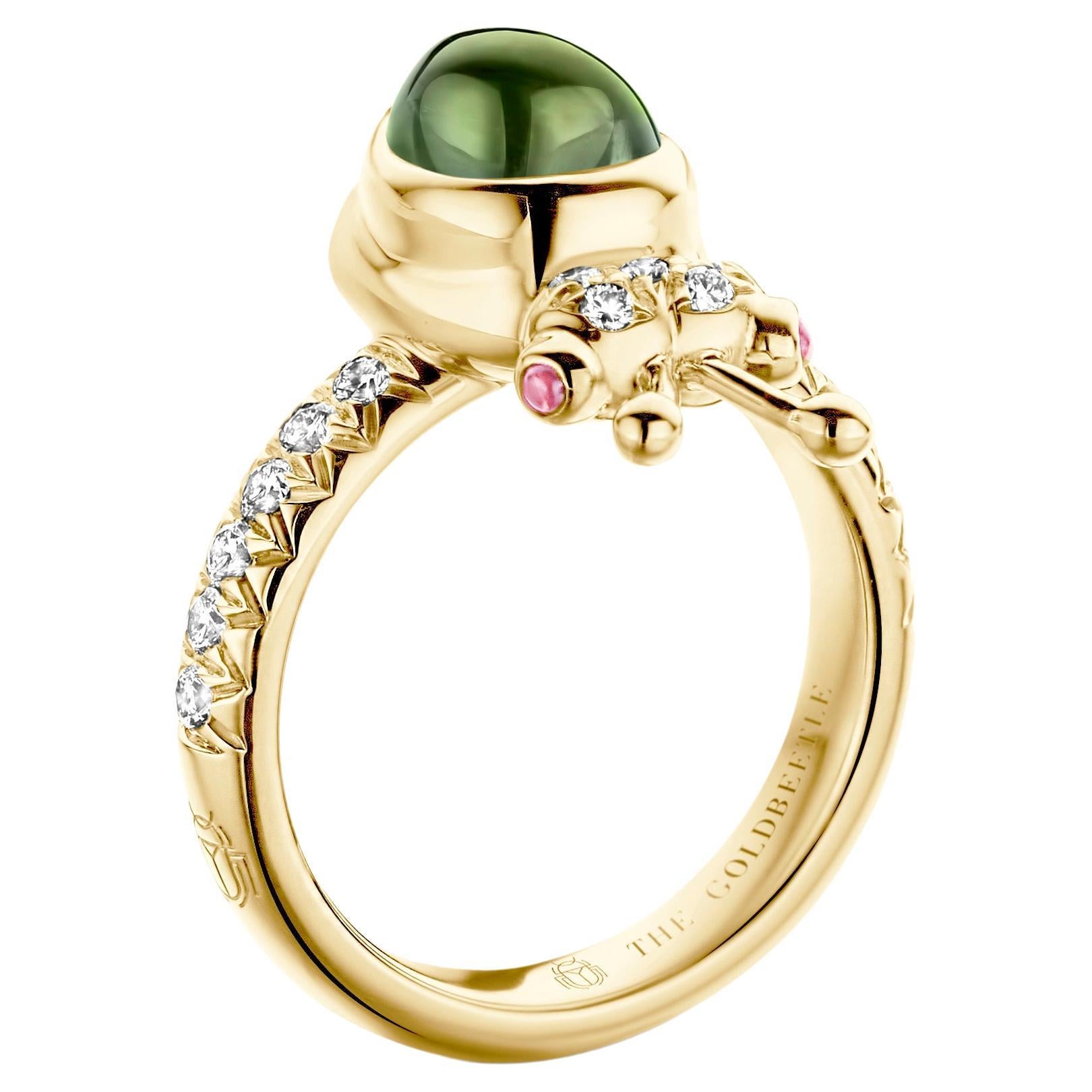 One-of-a-kind lucky beetle ring in 18-Karat yellow gold 8,6 g set with the finest diamonds in brilliant cut 0,34 Carat (VVS/DEF quality) one natural, green tourmaline in pear cabochon cut and two pink tourmalines in round cabochon cut.
Celine