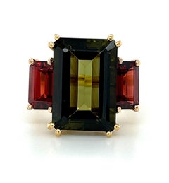Green Tourmaline and Red Garnet Three-Stone Ring in 18k Yellow and Rose Gold